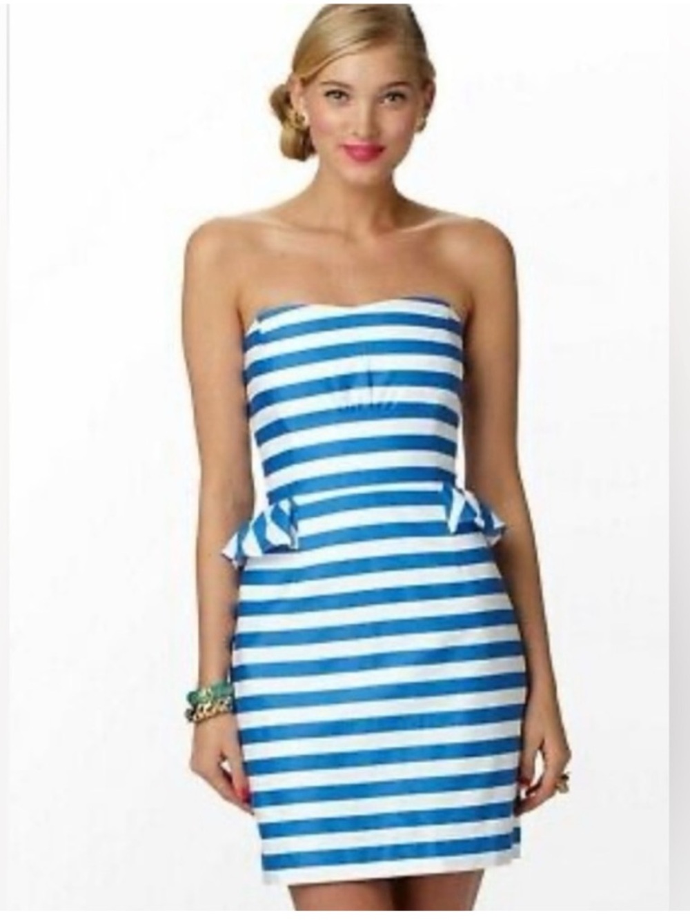 Lilly Pulitzer Blue and White Strapless Peplum Sheath Dress
